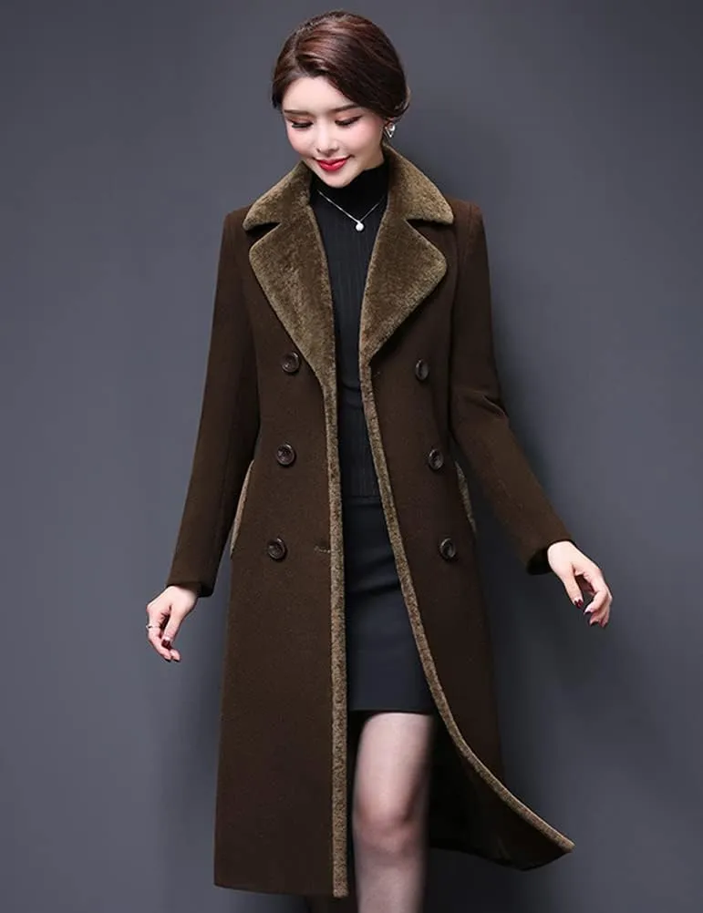 IDEALSANXUN Fur Collar Wool Coats for Women Double Breasted Long Peacoat Jackets