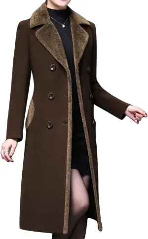 IDEALSANXUN Fur Collar Wool Coats for Women Double Breasted Long Peacoat Jackets