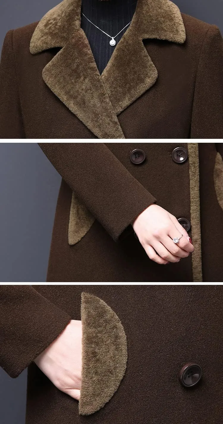 IDEALSANXUN Fur Collar Wool Coats for Women Double Breasted Long Peacoat Jackets