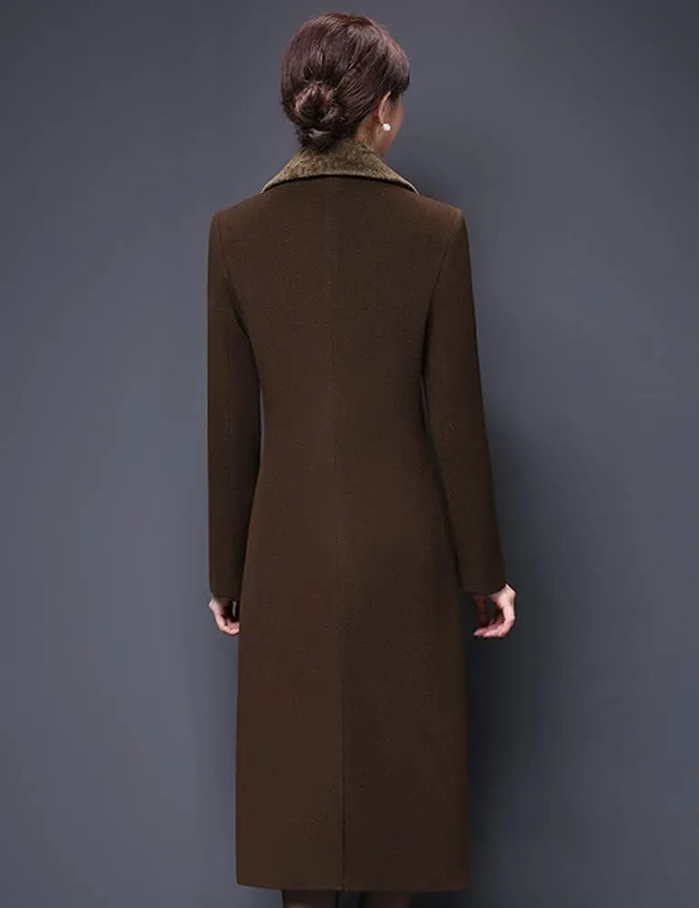 IDEALSANXUN Fur Collar Wool Coats for Women Double Breasted Long Peacoat Jackets