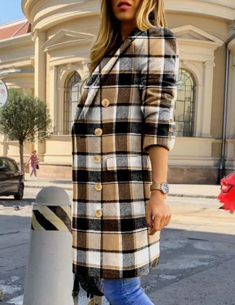 IDEALSANXUN Long Plaid Wool Coats for Women Fall Winter Double Breasted Trench Coat Peacoat Jackets