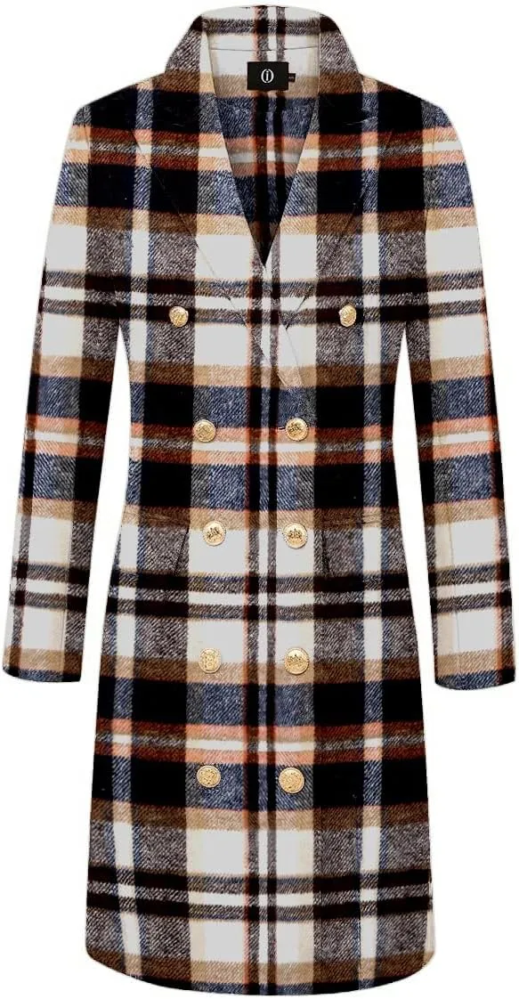 IDEALSANXUN Long Plaid Wool Coats for Women Fall Winter Double Breasted Trench Coat Peacoat Jackets
