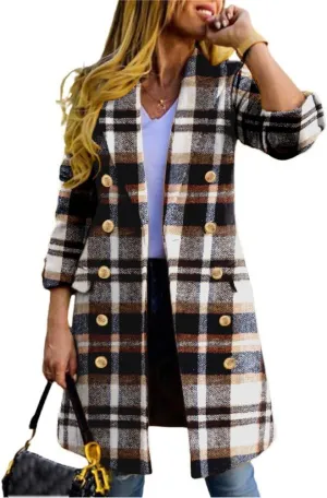 IDEALSANXUN Long Plaid Wool Coats for Women Fall Winter Double Breasted Trench Coat Peacoat Jackets