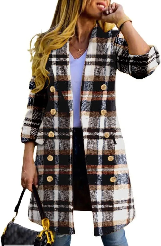 IDEALSANXUN Long Plaid Wool Coats for Women Fall Winter Double Breasted Trench Coat Peacoat Jackets