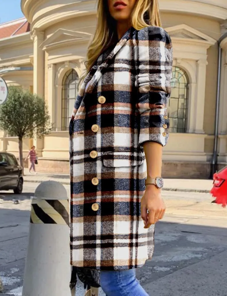 IDEALSANXUN Long Plaid Wool Coats for Women Fall Winter Double Breasted Trench Coat Peacoat Jackets