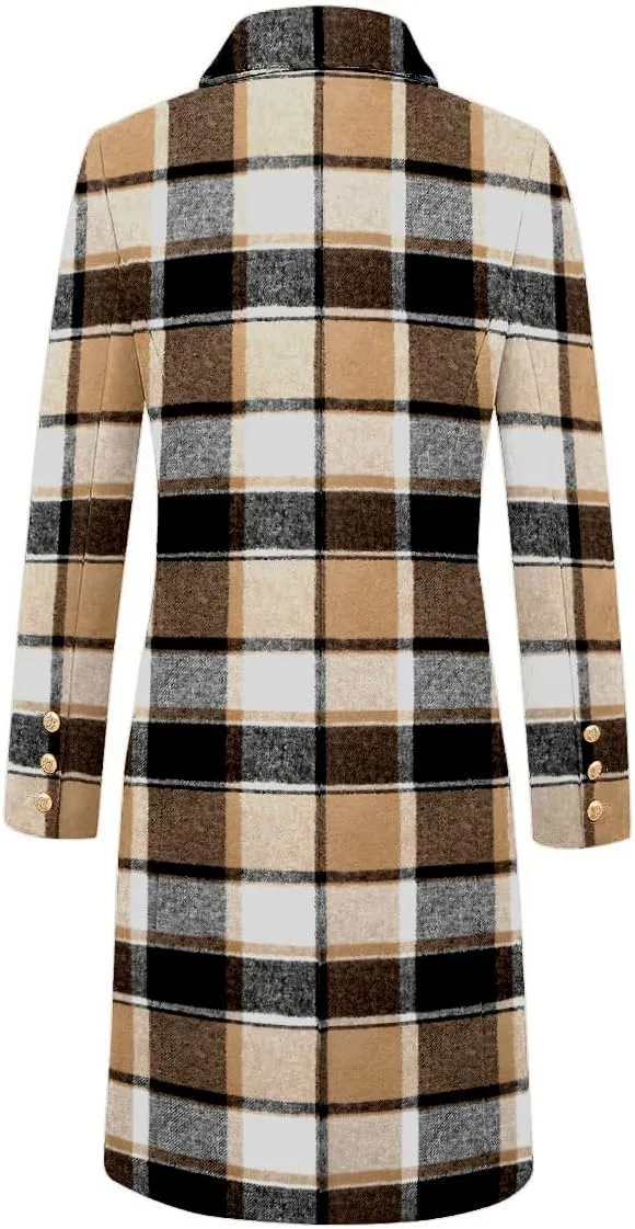 IDEALSANXUN Long Plaid Wool Coats for Women Fall Winter Double Breasted Trench Coat Peacoat Jackets