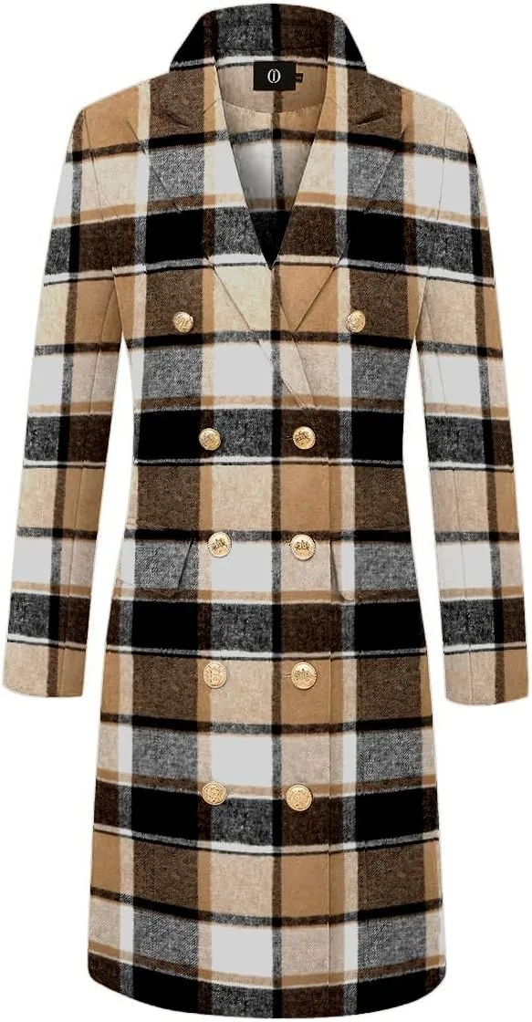 IDEALSANXUN Long Plaid Wool Coats for Women Fall Winter Double Breasted Trench Coat Peacoat Jackets