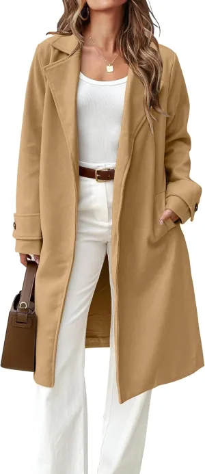 IDEALSANXUN Womens Wool Coat Fall Winter Midi Length Trench Coat with Belt