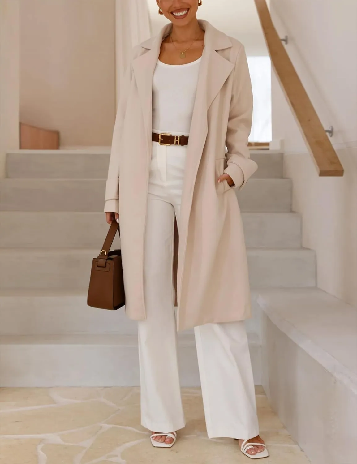 IDEALSANXUN Womens Wool Coat Fall Winter Midi Length Trench Coat with Belt