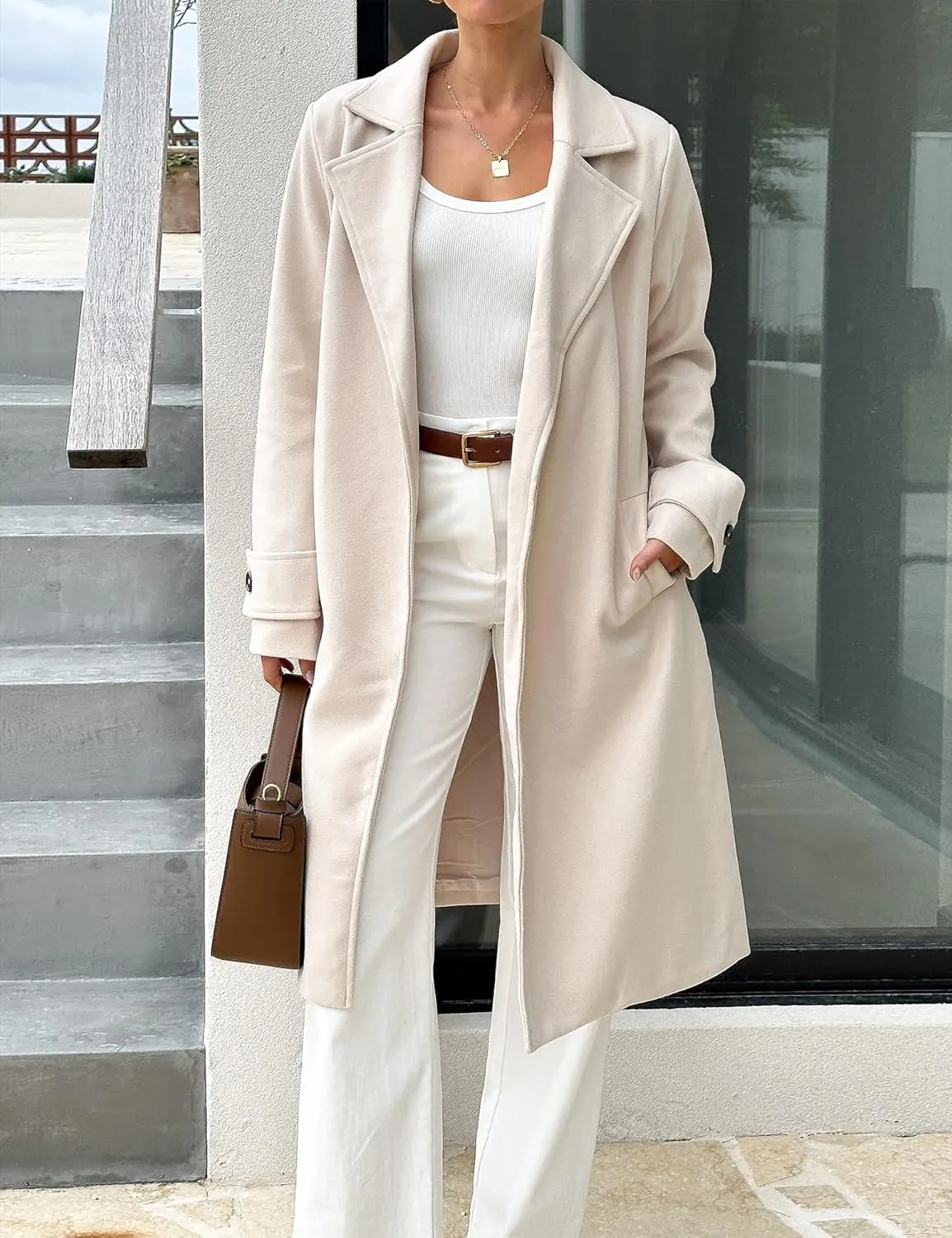 IDEALSANXUN Womens Wool Coat Fall Winter Midi Length Trench Coat with Belt