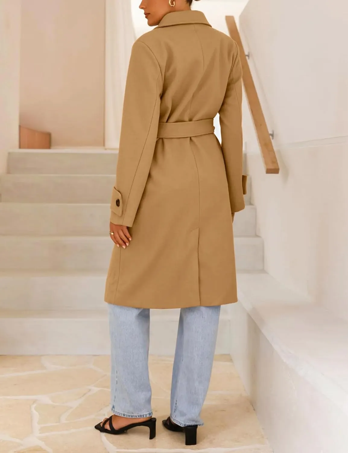 IDEALSANXUN Womens Wool Coat Fall Winter Midi Length Trench Coat with Belt