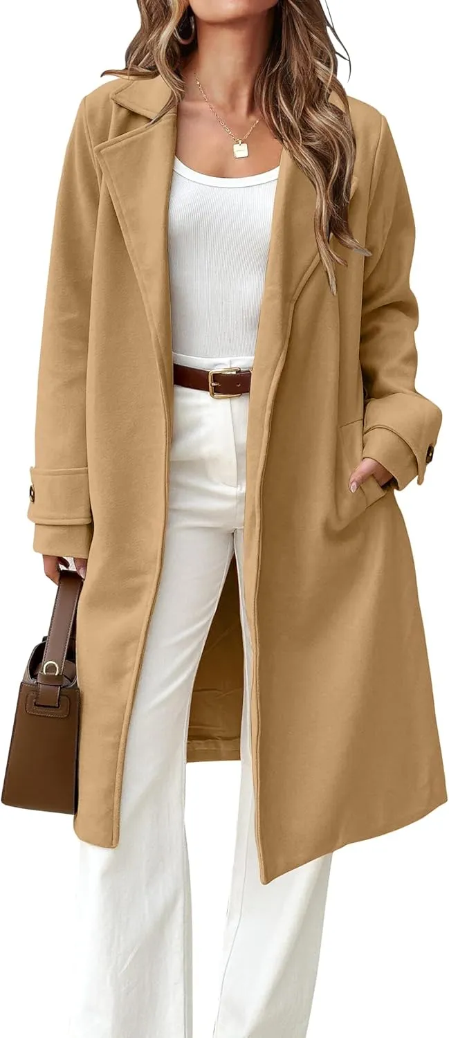 IDEALSANXUN Womens Wool Coat Fall Winter Midi Length Trench Coat with Belt