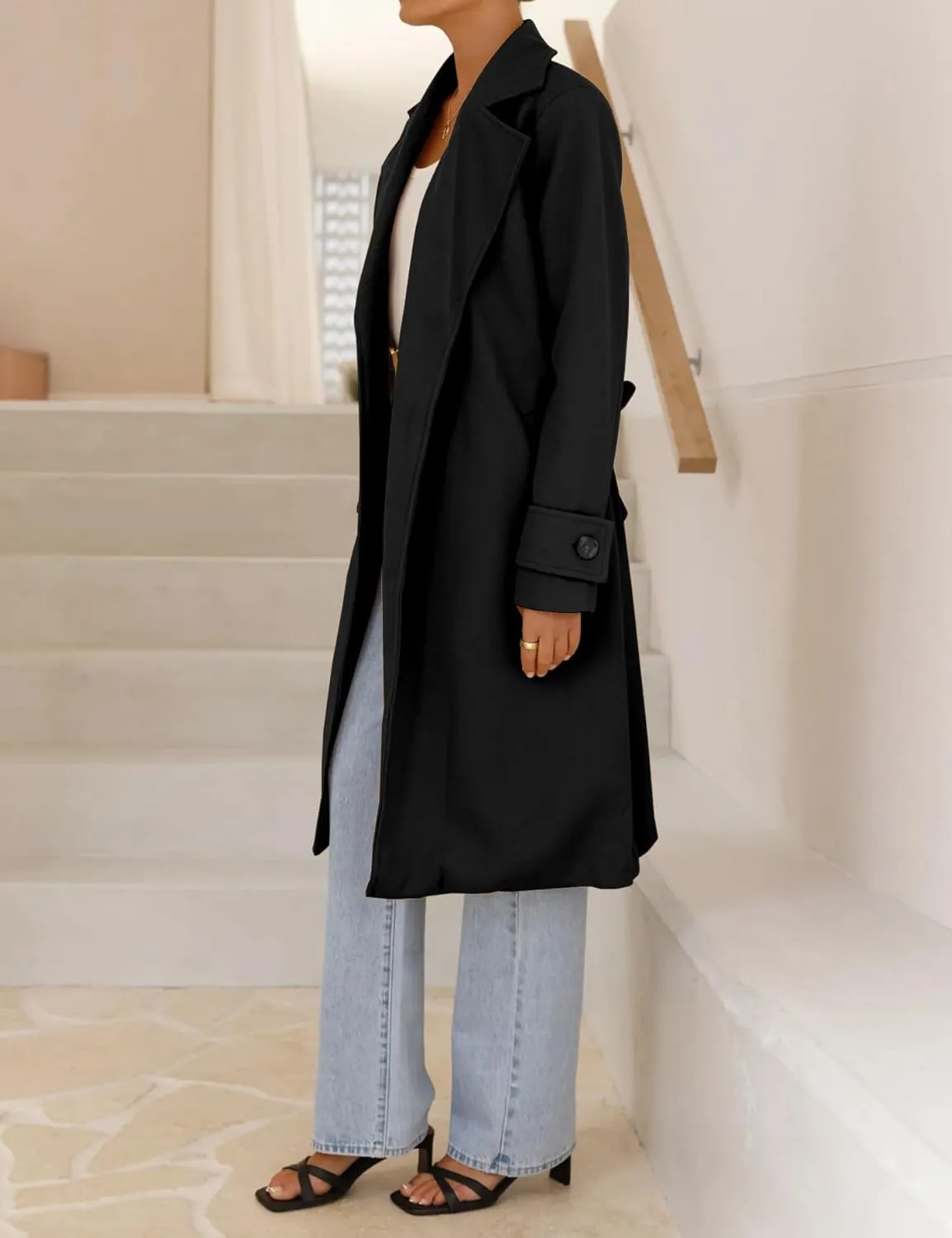 IDEALSANXUN Womens Wool Coat Fall Winter Midi Length Trench Coat with Belt