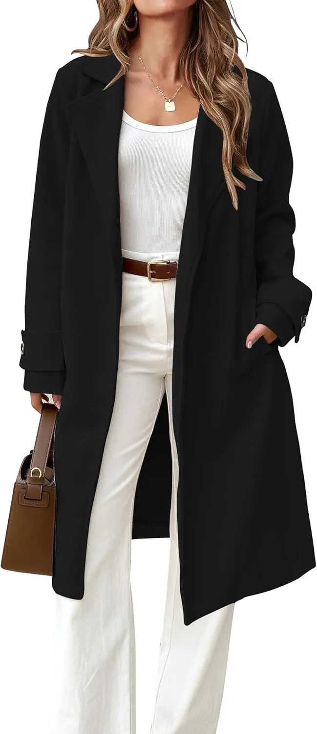 IDEALSANXUN Womens Wool Coat Fall Winter Midi Length Trench Coat with Belt