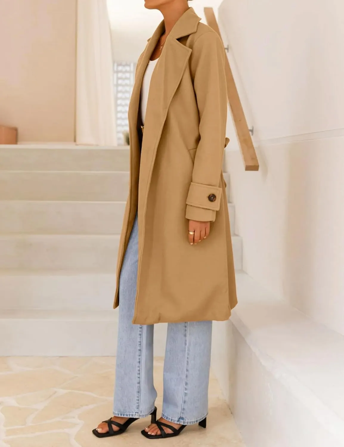 IDEALSANXUN Womens Wool Coat Fall Winter Midi Length Trench Coat with Belt