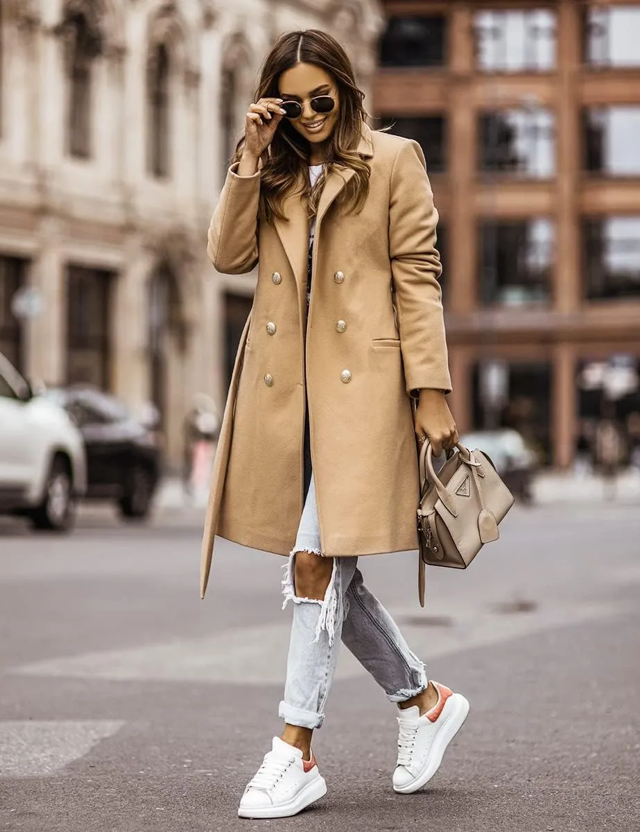 IDEALSANXUN Womens Wool Coats Fall Winter Double Breasted Trench Coat with Belt