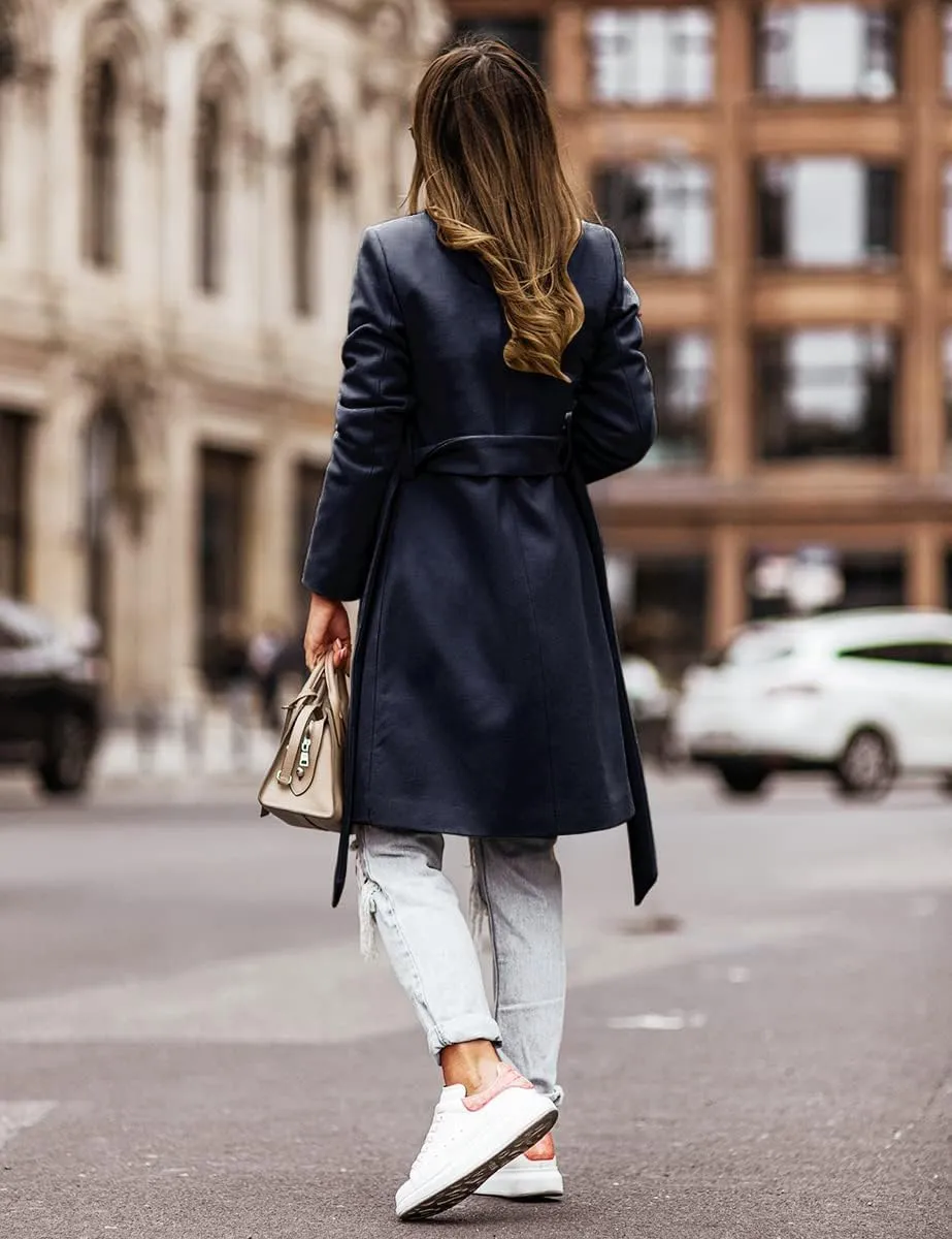 IDEALSANXUN Womens Wool Coats Fall Winter Double Breasted Trench Coat with Belt
