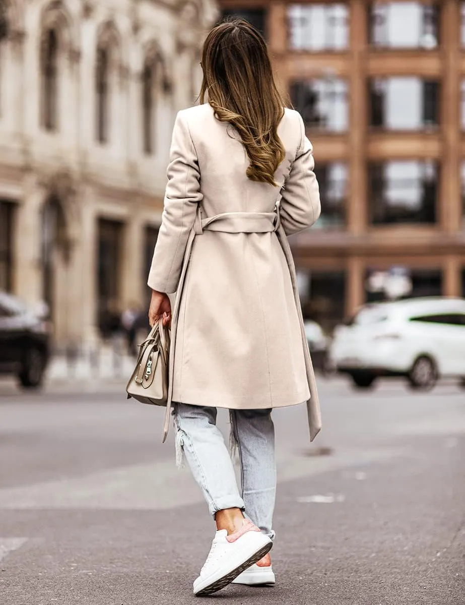 IDEALSANXUN Womens Wool Coats Fall Winter Double Breasted Trench Coat with Belt