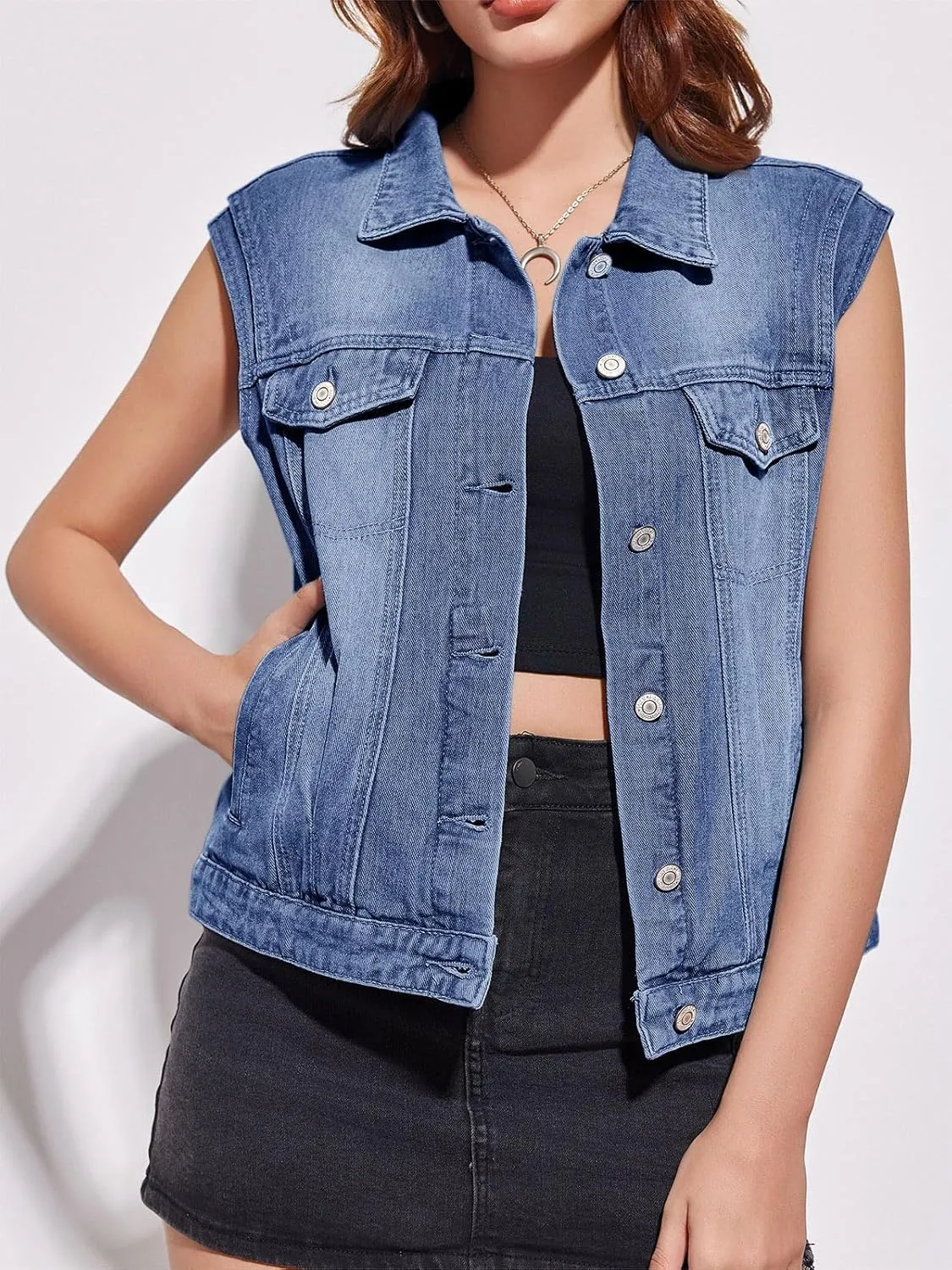 Imily Bela Womens Denim Vest Classic Button Down Sleeveless Jean Jackets Cropped Distressed Vest