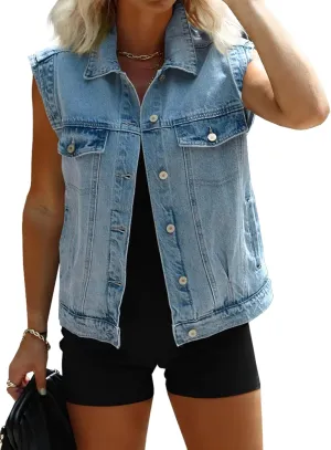 Imily Bela Womens Denim Vest Classic Button Down Sleeveless Jean Jackets Cropped Distressed Vest
