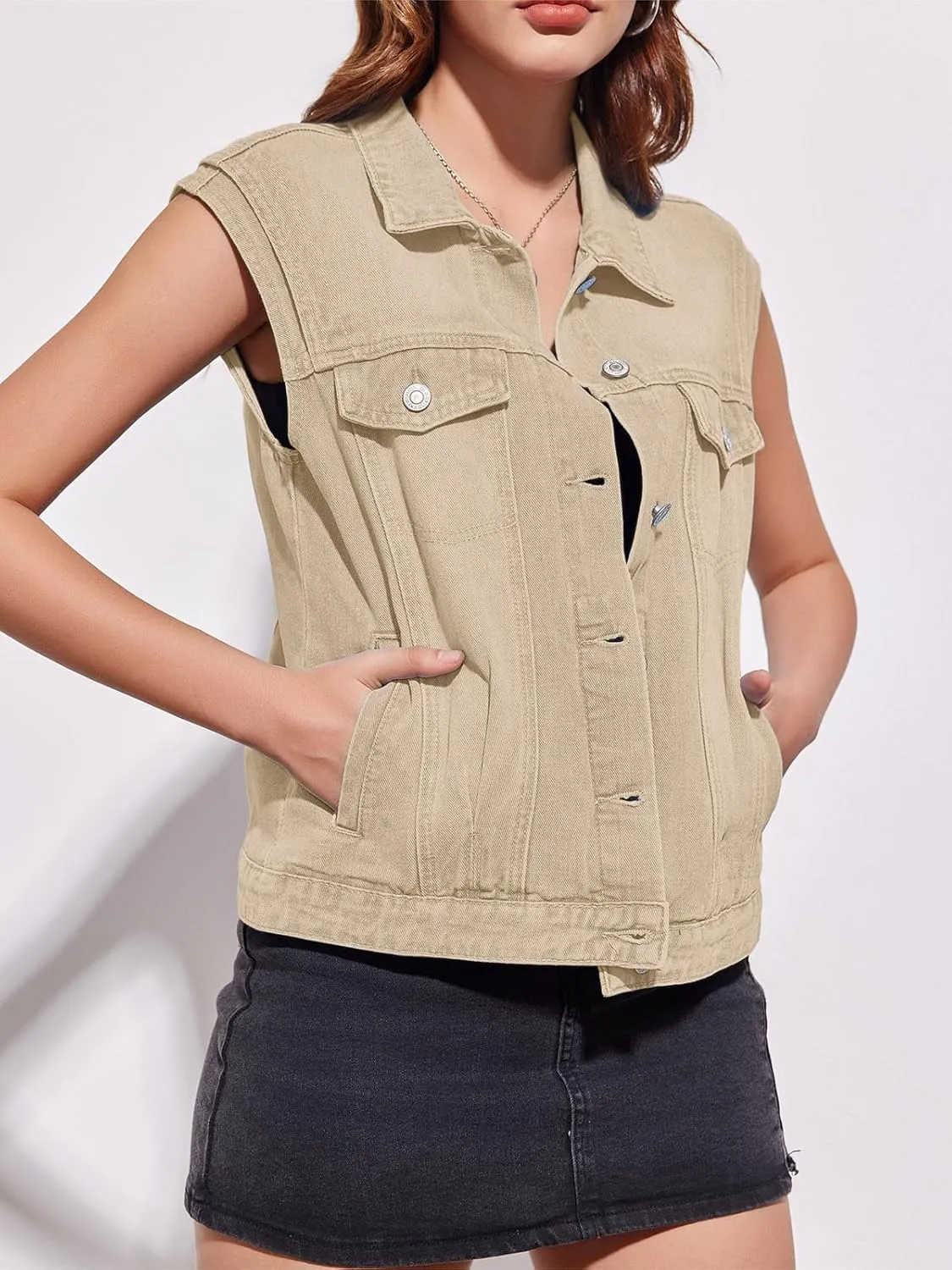 Imily Bela Womens Denim Vest Classic Button Down Sleeveless Jean Jackets Cropped Distressed Vest