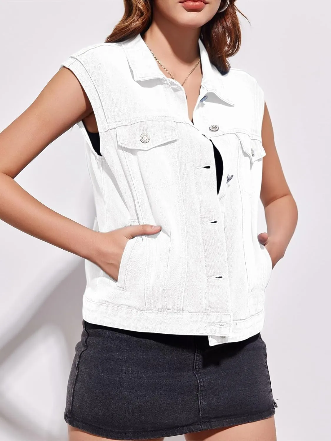 Imily Bela Womens Denim Vest Classic Button Down Sleeveless Jean Jackets Cropped Distressed Vest