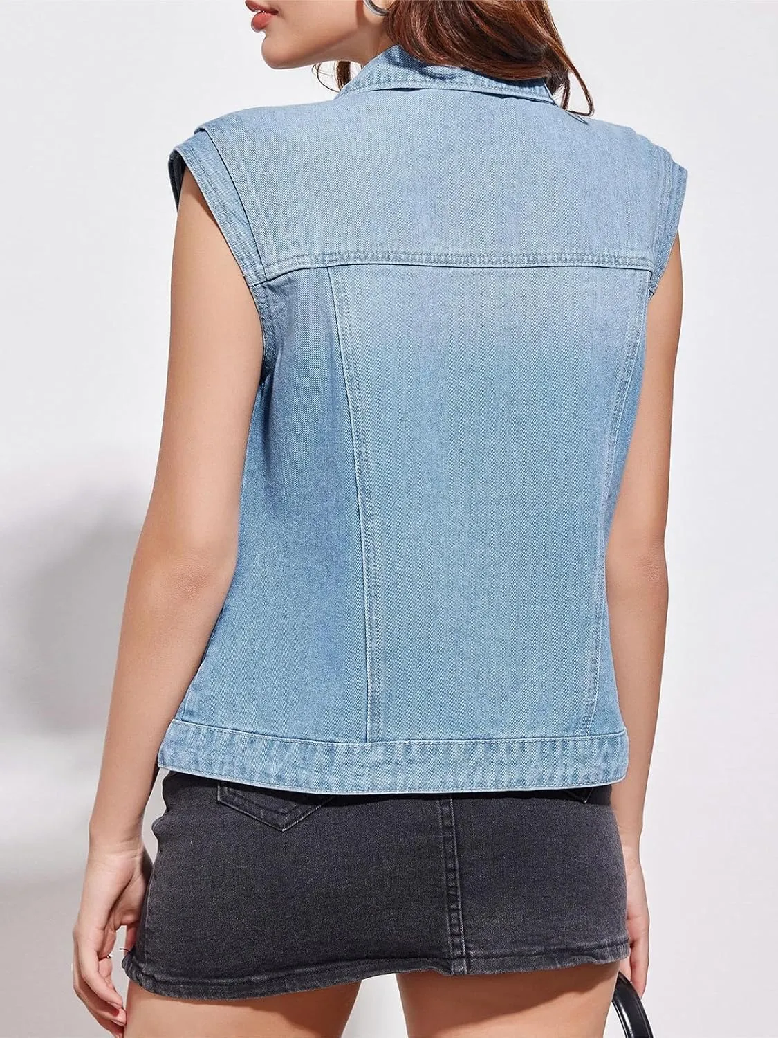 Imily Bela Womens Denim Vest Classic Button Down Sleeveless Jean Jackets Cropped Distressed Vest
