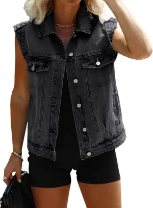 Imily Bela Womens Denim Vest Classic Button Down Sleeveless Jean Jackets Cropped Distressed Vest