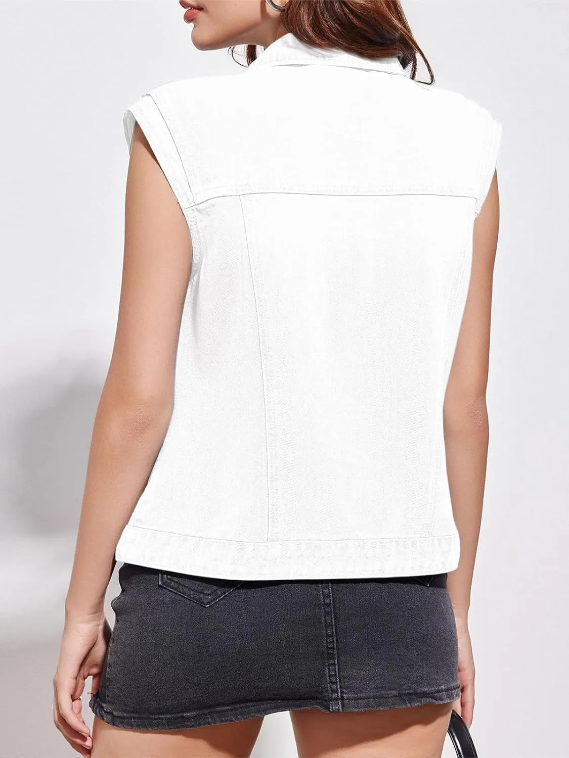 Imily Bela Womens Denim Vest Classic Button Down Sleeveless Jean Jackets Cropped Distressed Vest