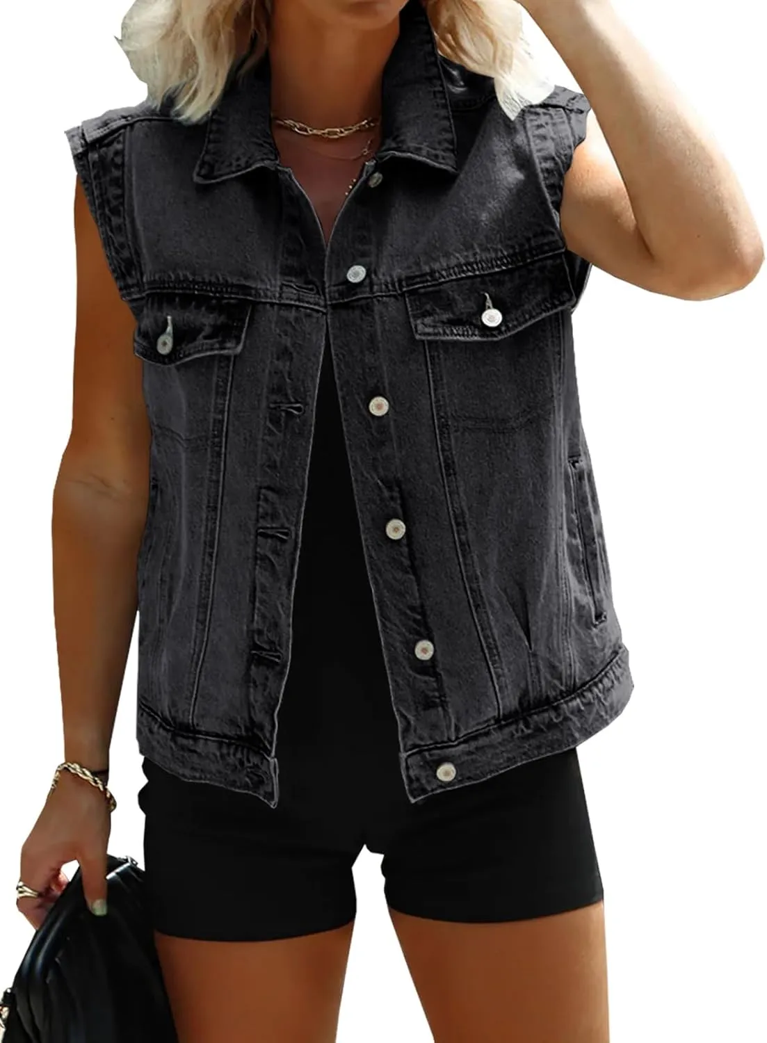 Imily Bela Womens Denim Vest Classic Button Down Sleeveless Jean Jackets Cropped Distressed Vest