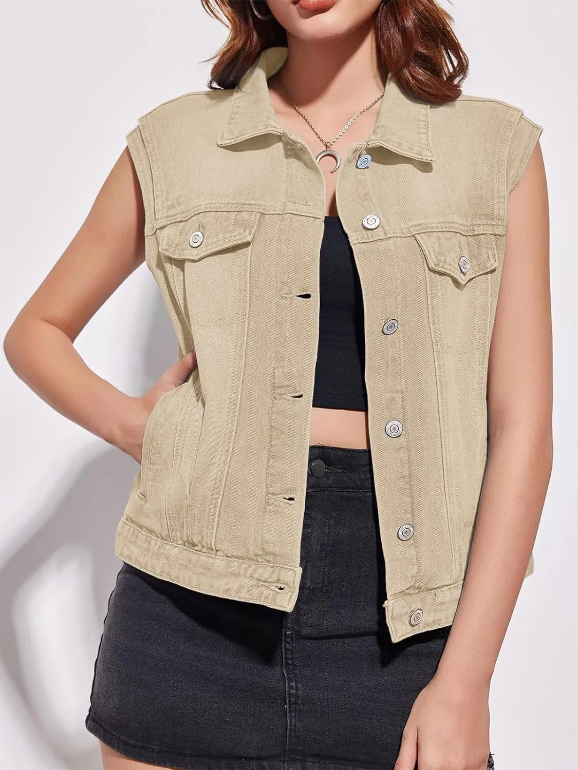 Imily Bela Womens Denim Vest Classic Button Down Sleeveless Jean Jackets Cropped Distressed Vest