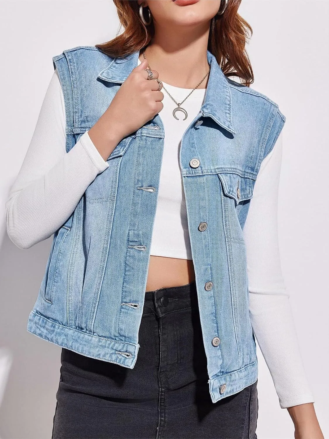 Imily Bela Womens Denim Vest Classic Button Down Sleeveless Jean Jackets Cropped Distressed Vest