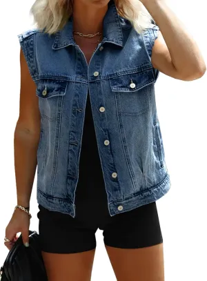 Imily Bela Womens Denim Vest Classic Button Down Sleeveless Jean Jackets Cropped Distressed Vest
