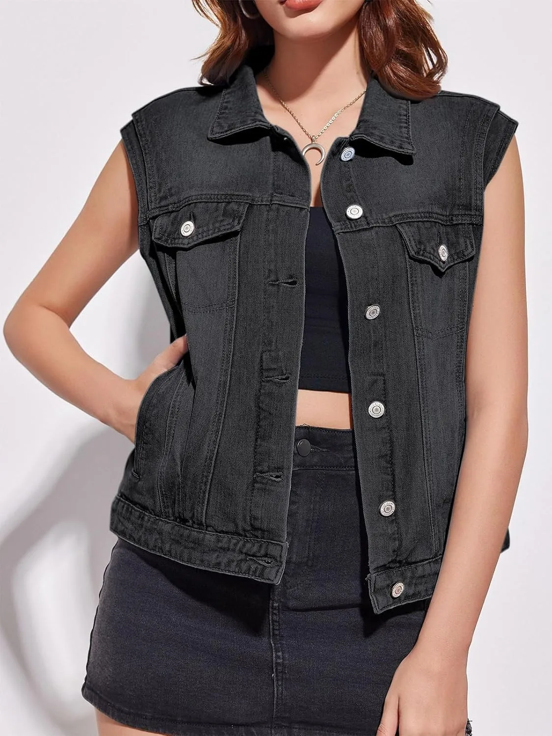 Imily Bela Womens Denim Vest Classic Button Down Sleeveless Jean Jackets Cropped Distressed Vest