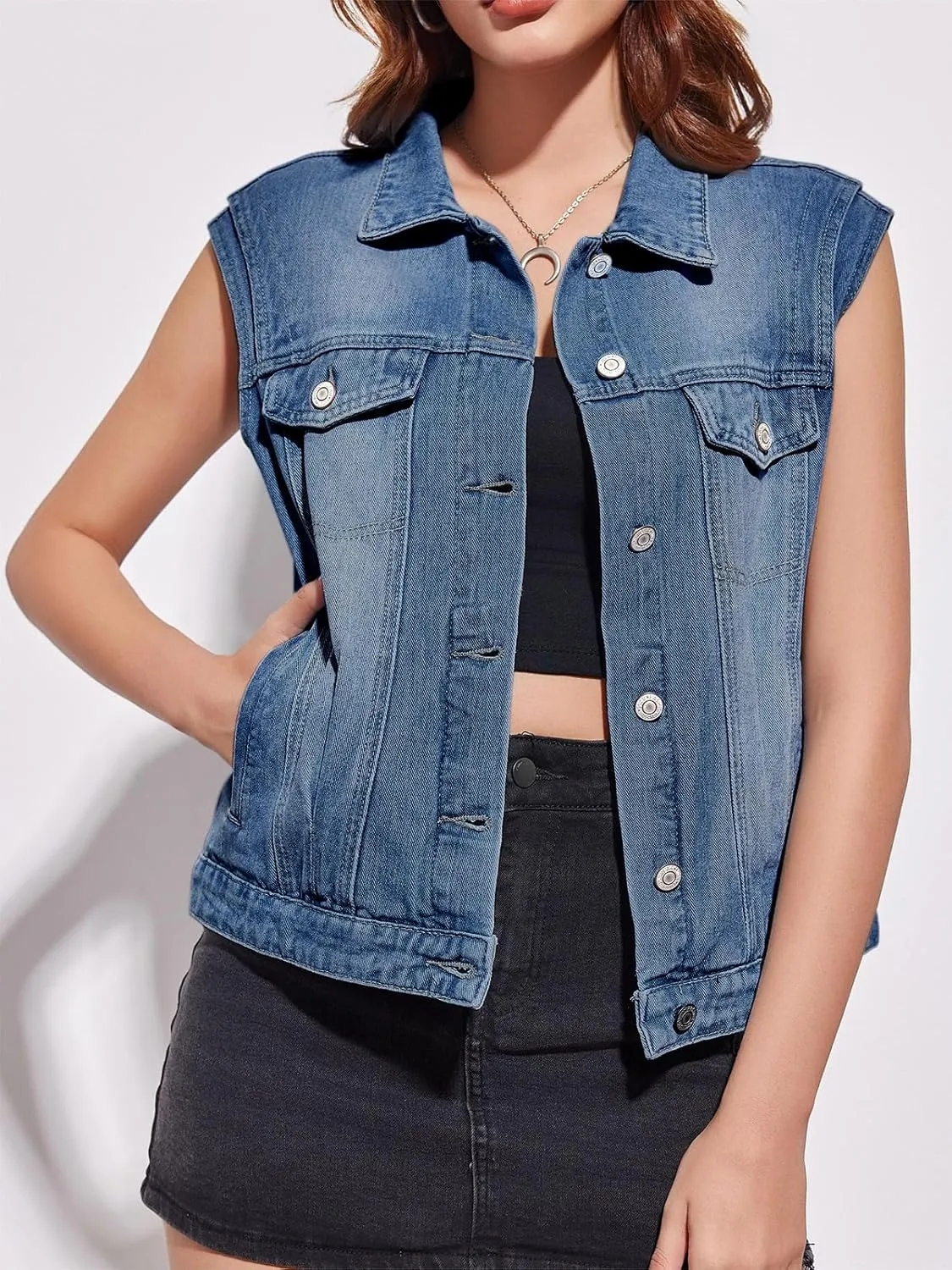 Imily Bela Womens Denim Vest Classic Button Down Sleeveless Jean Jackets Cropped Distressed Vest