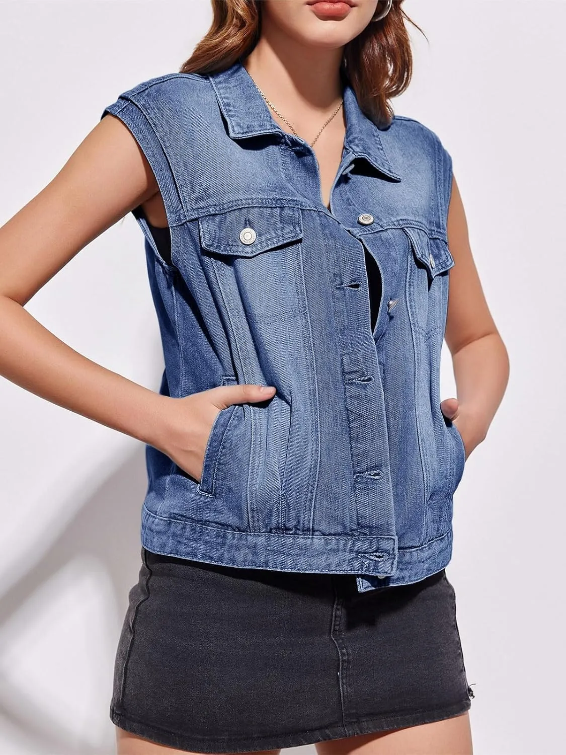 Imily Bela Womens Denim Vest Classic Button Down Sleeveless Jean Jackets Cropped Distressed Vest