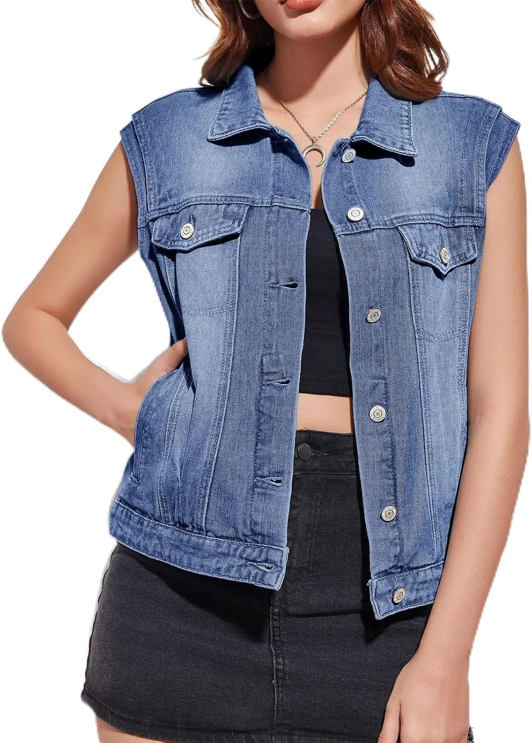 Imily Bela Womens Denim Vest Classic Button Down Sleeveless Jean Jackets Cropped Distressed Vest