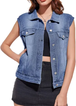 Imily Bela Womens Denim Vest Classic Button Down Sleeveless Jean Jackets Cropped Distressed Vest