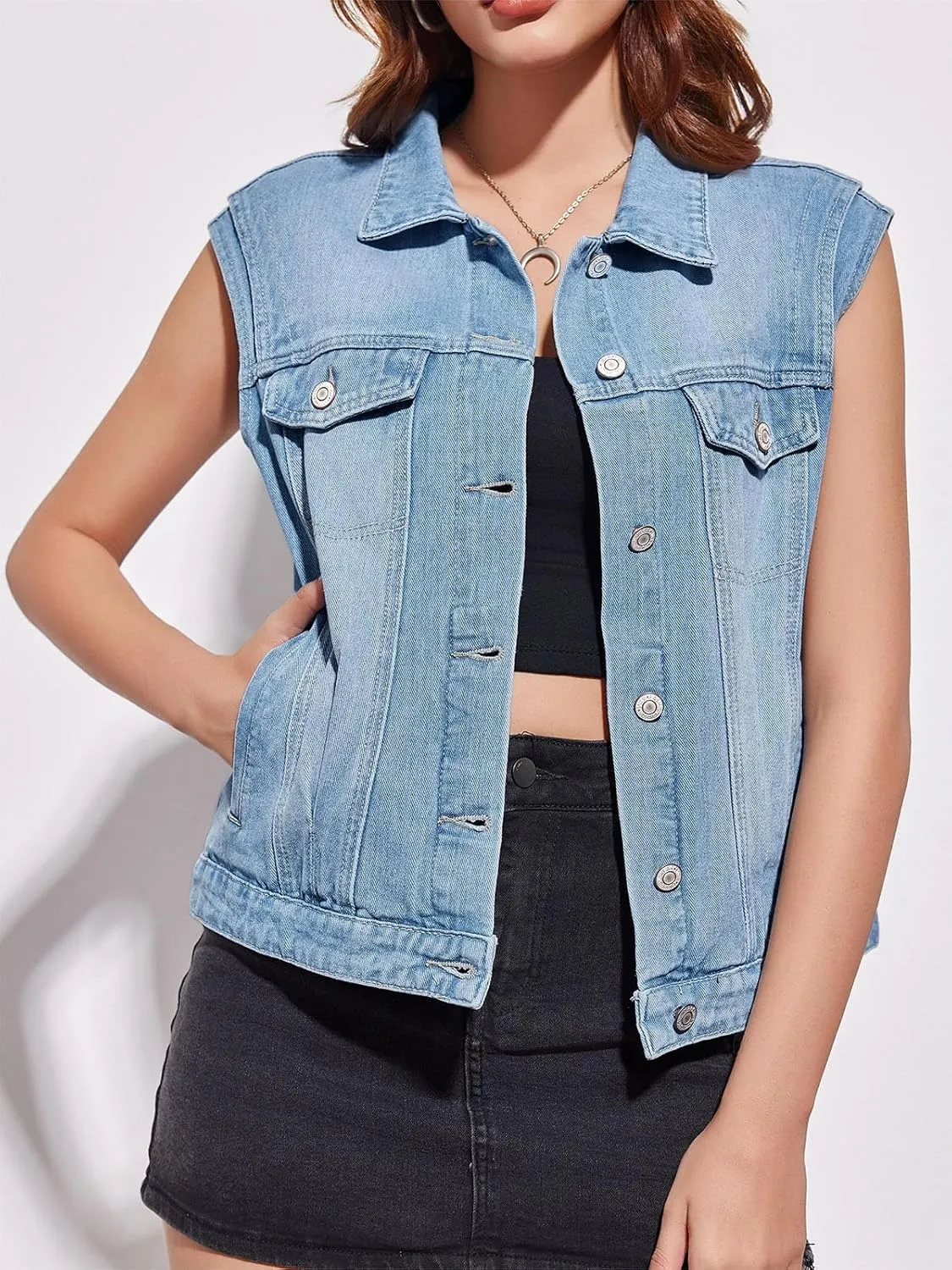 Imily Bela Womens Denim Vest Classic Button Down Sleeveless Jean Jackets Cropped Distressed Vest