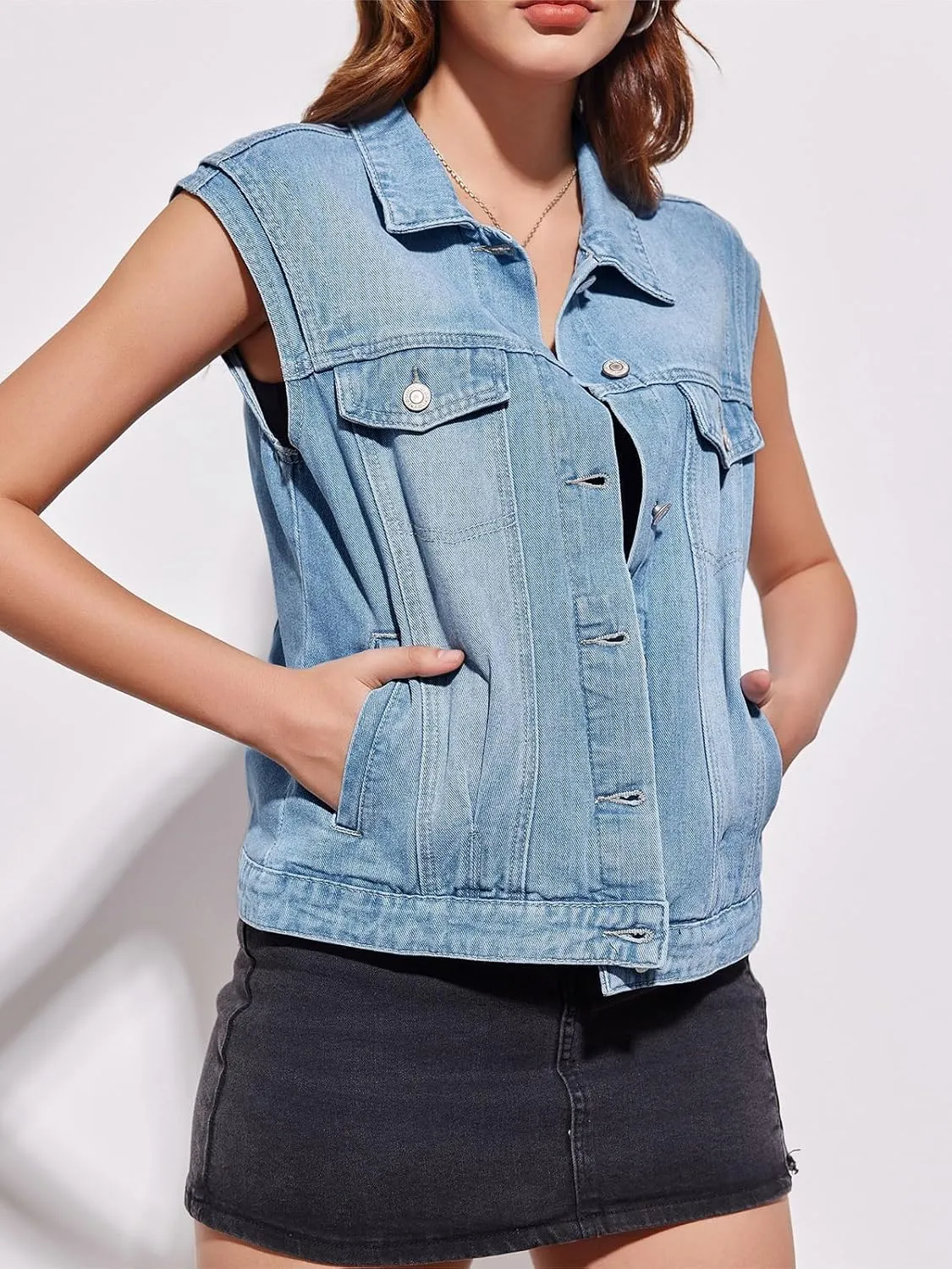 Imily Bela Womens Denim Vest Classic Button Down Sleeveless Jean Jackets Cropped Distressed Vest