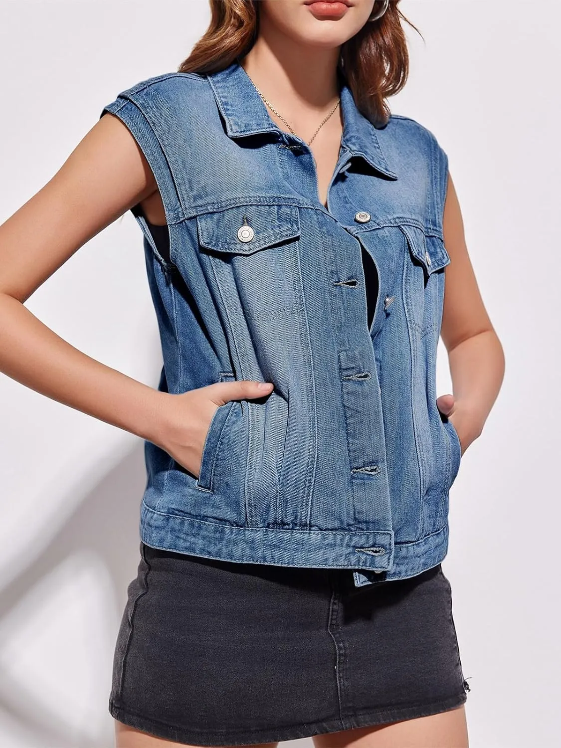 Imily Bela Womens Denim Vest Classic Button Down Sleeveless Jean Jackets Cropped Distressed Vest