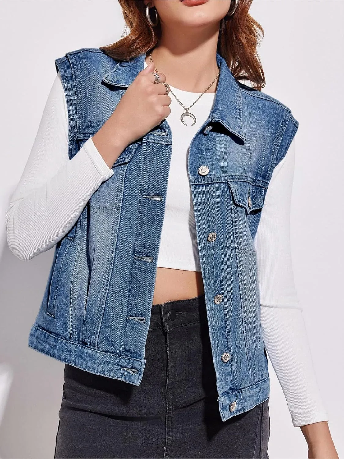 Imily Bela Womens Denim Vest Classic Button Down Sleeveless Jean Jackets Cropped Distressed Vest