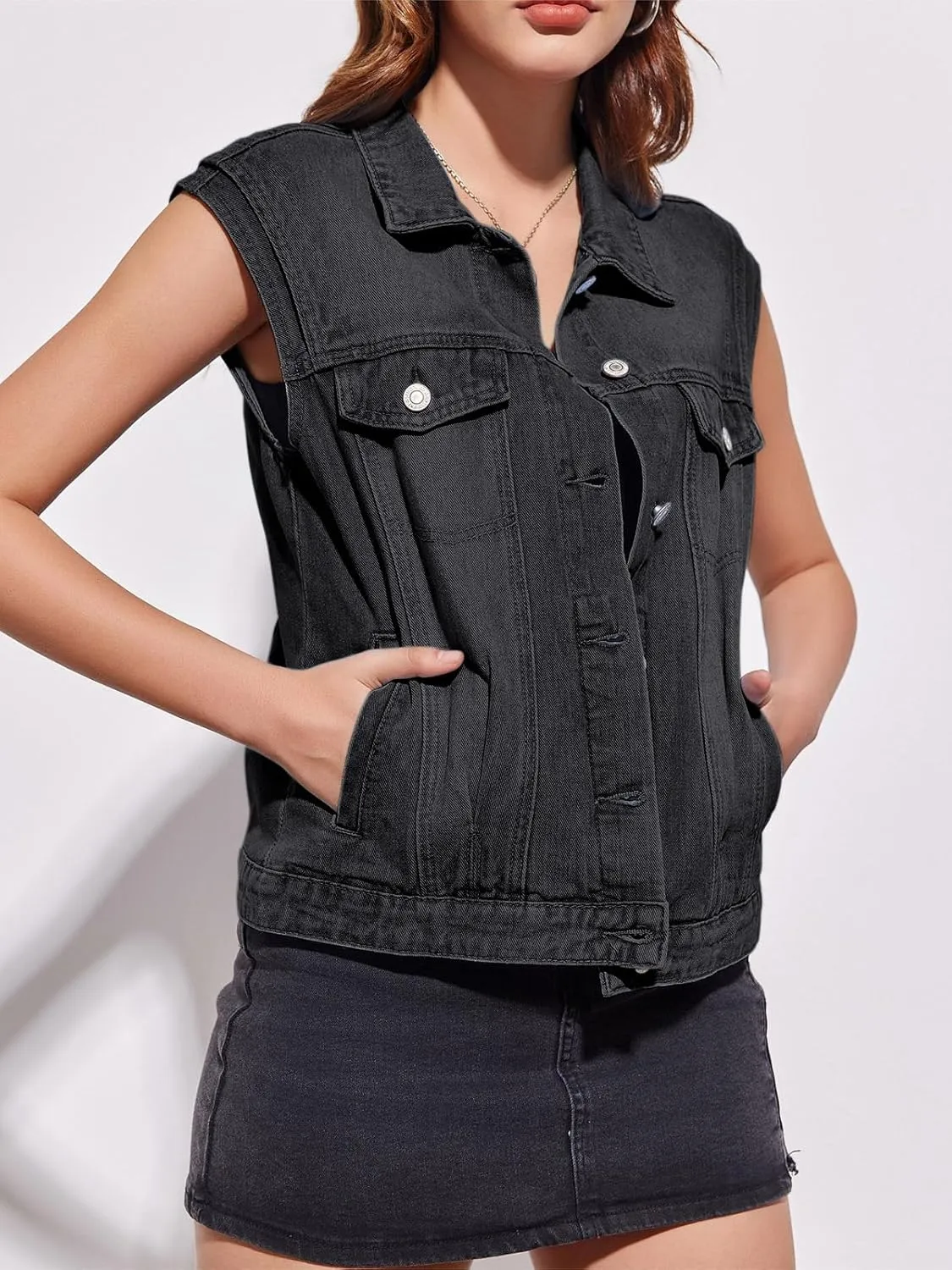 Imily Bela Womens Denim Vest Classic Button Down Sleeveless Jean Jackets Cropped Distressed Vest
