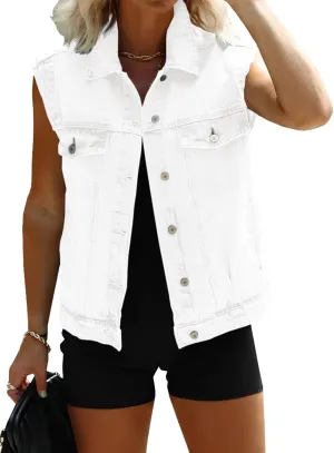 Imily Bela Womens Denim Vest Classic Button Down Sleeveless Jean Jackets Cropped Distressed Vest