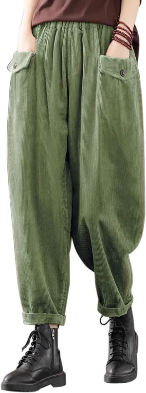 IXIMO Women's Cropped Corduroy Pants Casual Comfy Elastic Waist Cotton Trouser Front Pockets