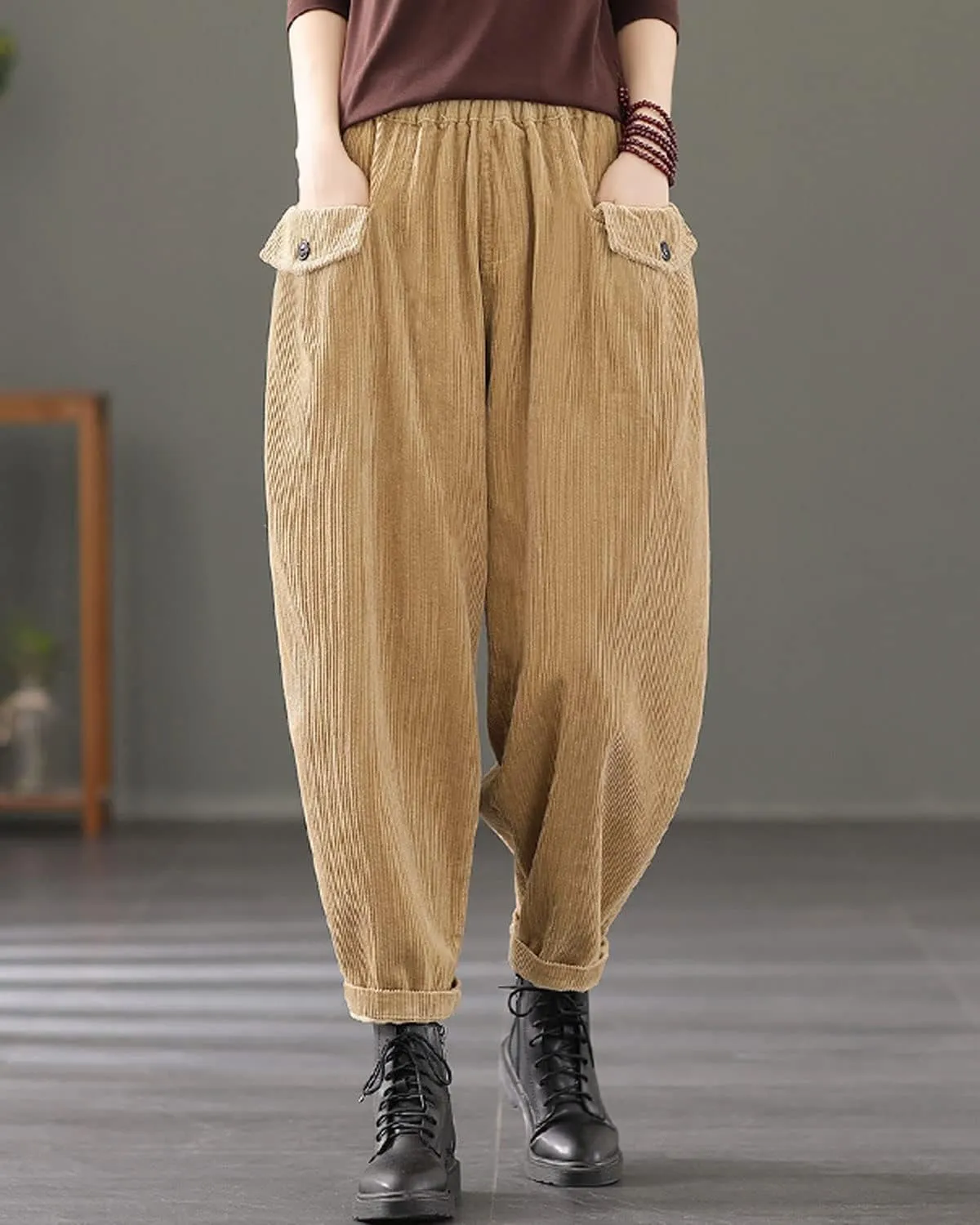 IXIMO Women's Cropped Corduroy Pants Casual Comfy Elastic Waist Cotton Trouser Front Pockets