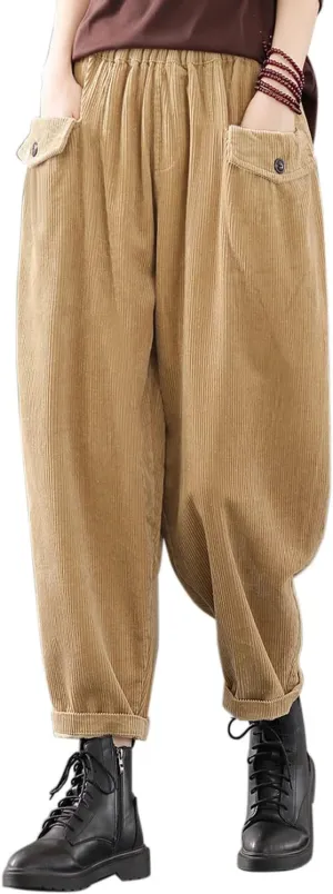 IXIMO Women's Cropped Corduroy Pants Casual Comfy Elastic Waist Cotton Trouser Front Pockets