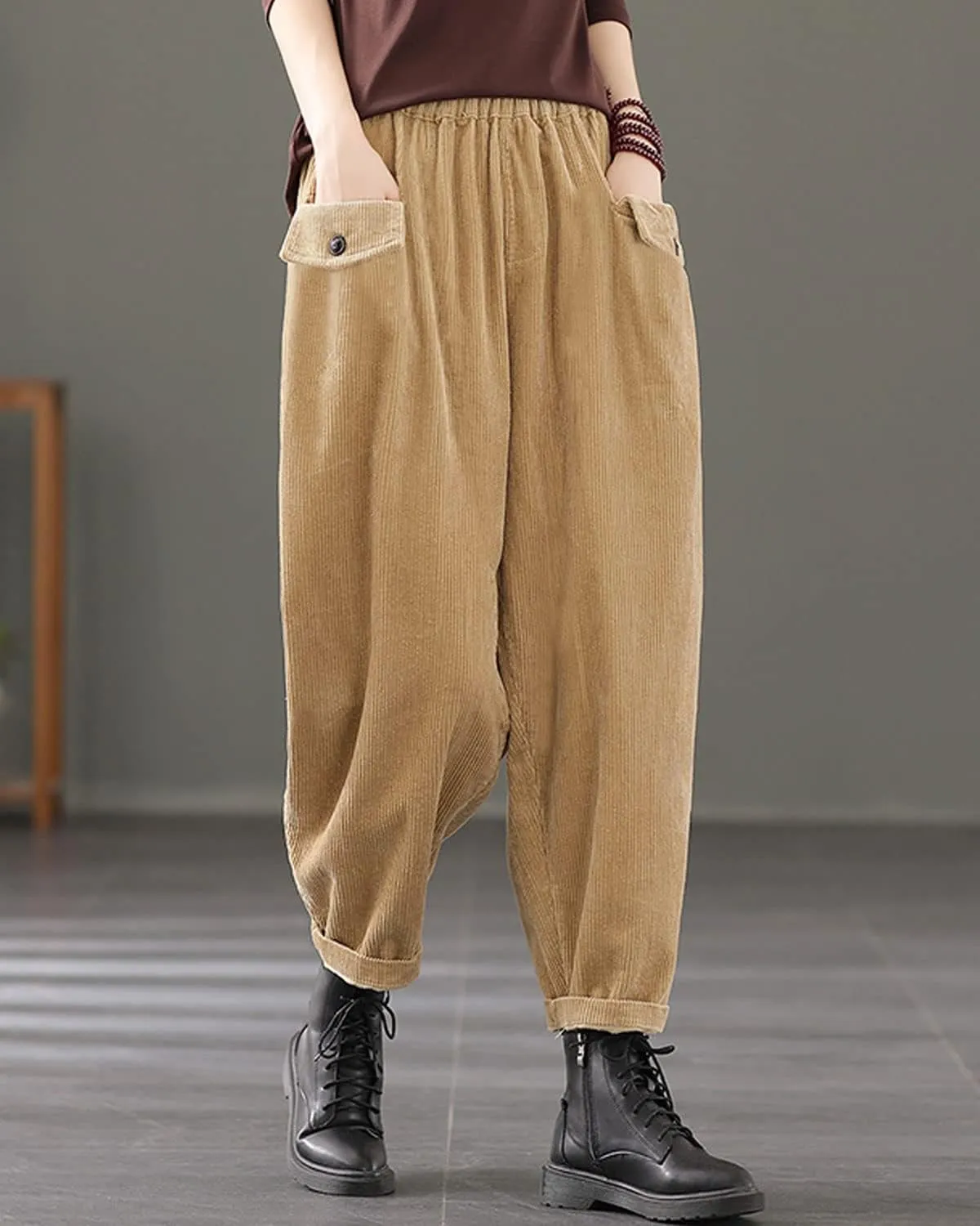 IXIMO Women's Cropped Corduroy Pants Casual Comfy Elastic Waist Cotton Trouser Front Pockets