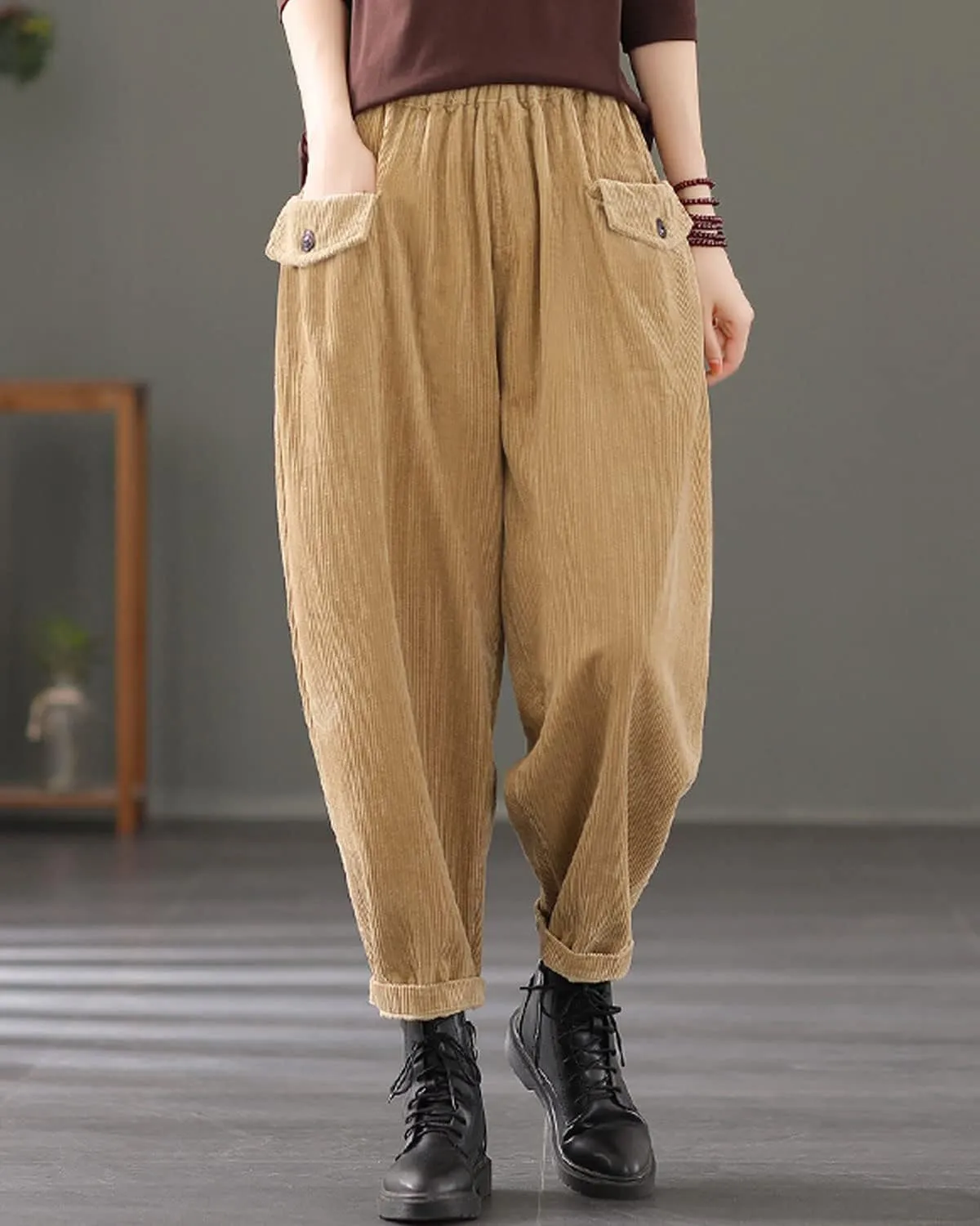 IXIMO Women's Cropped Corduroy Pants Casual Comfy Elastic Waist Cotton Trouser Front Pockets