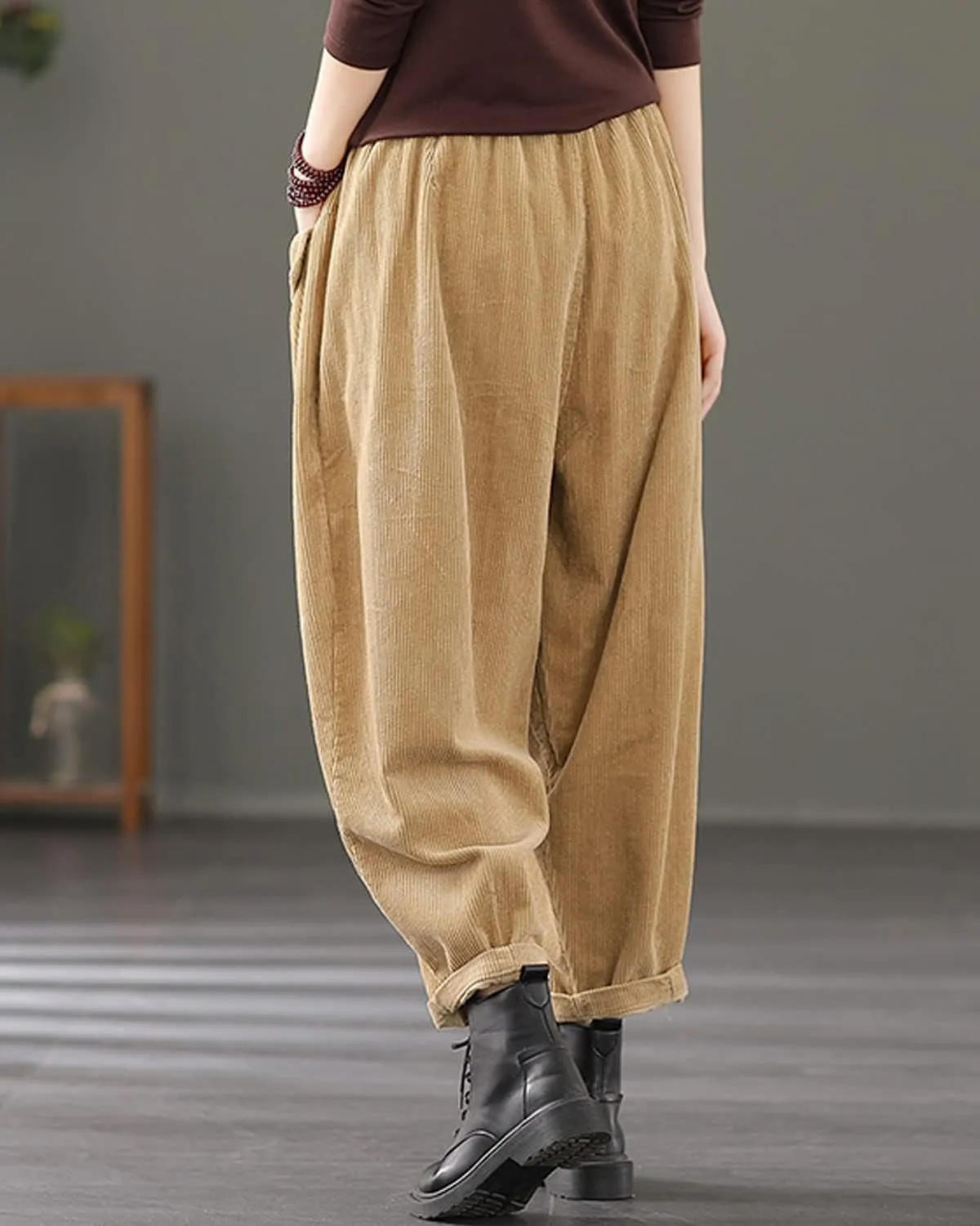 IXIMO Women's Cropped Corduroy Pants Casual Comfy Elastic Waist Cotton Trouser Front Pockets